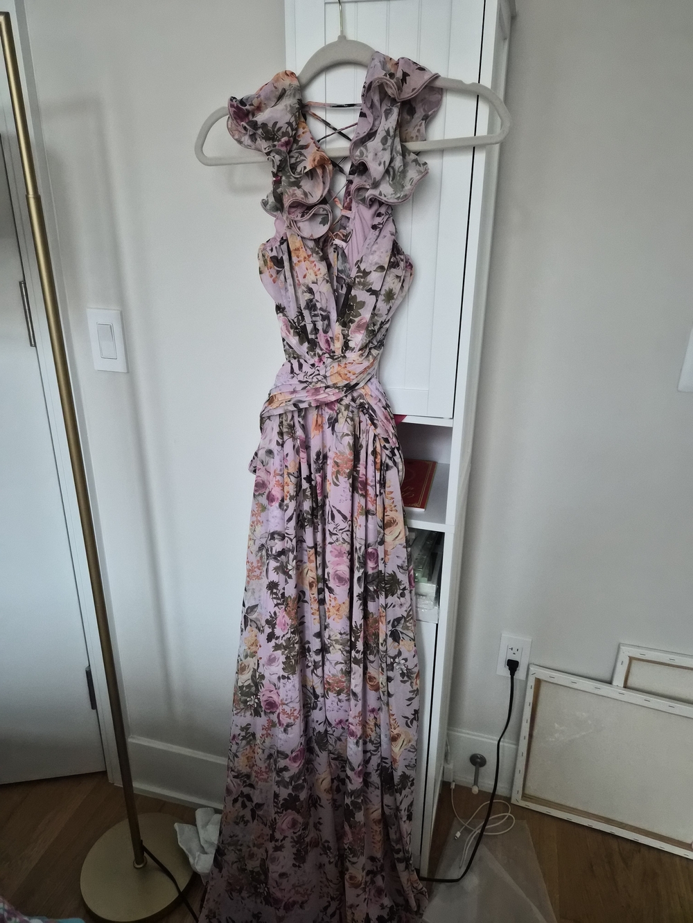 Elegant Lavender Floral Ruffle Maxi Dress